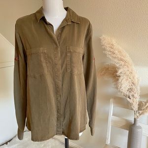 Francesca’s Olive Green Embroidered Flannel Top